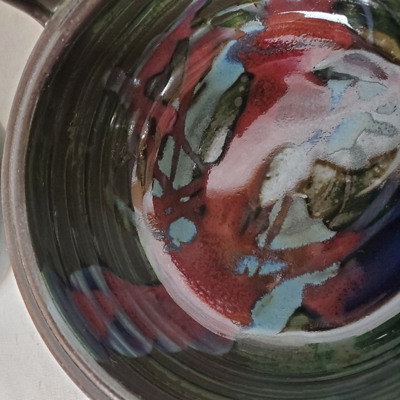 Handcrafted Studio Pottery Handled Soup Bowls Multicolored Glaze Set of 2 - Picture 10 of 16